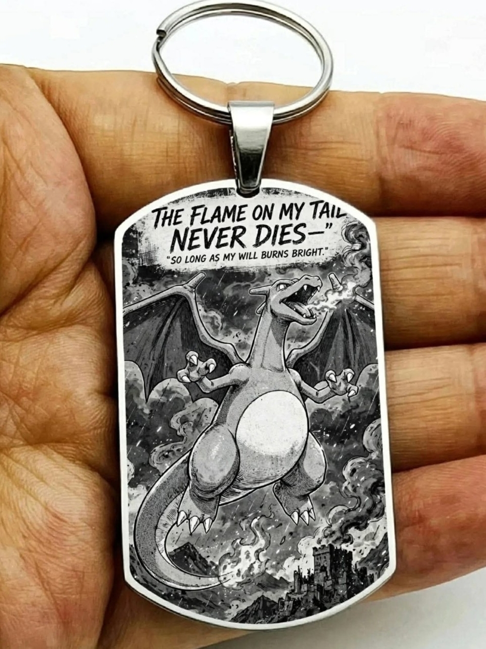 Charcoal Dragon Flame Keychain Pendant - Monochrome Pokemon